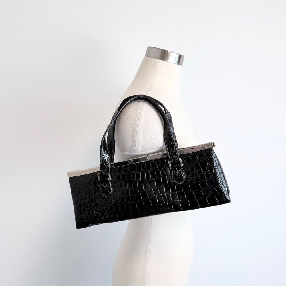 Vintage Black Alligator Faux Baguette Bag Shoulder Purse Small Satchel